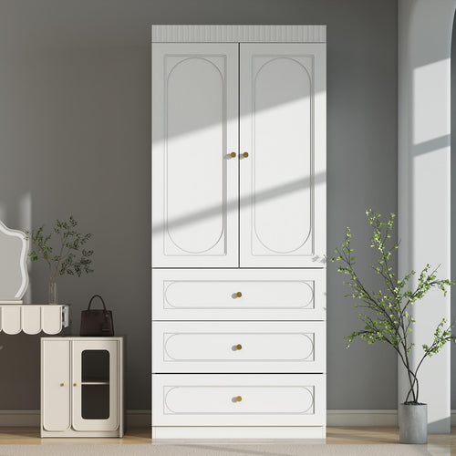 Fluted Door Wardrobe with Drawers & Hanging Rod