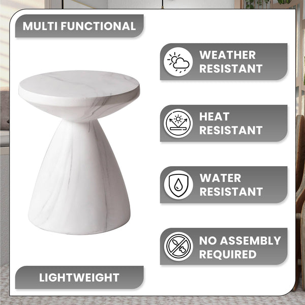 Round Fiberstone Side Table with Hourglass Pedestal Base – Indoor & Outdoor Accent Table