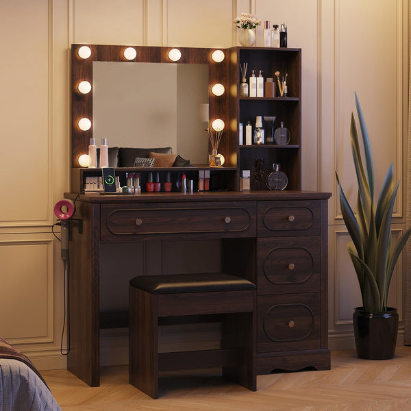 42" Walnut Brown Makeup Vanity Desk with Lighted Mirror & Charging Station
