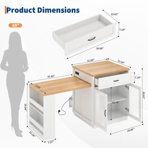 Extendable Kitchen Island with Storage & Power Outlet