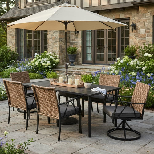 7-Piece Outdoor Patio Dining Set with Swivel Chairs & Umbrella Hole Table