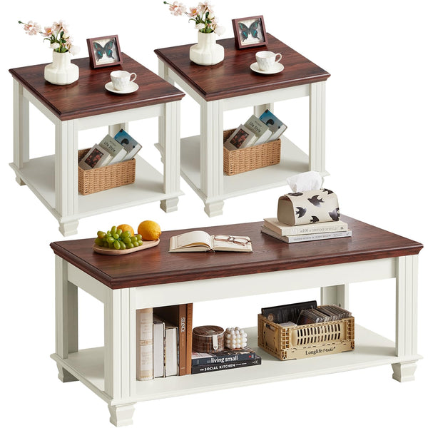 Farmhouse Coffee Table Set of 3 with Open Shelf