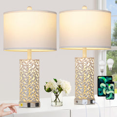 Farmhouse Table Lamp Set of 2 with USB Ports & Nightlight