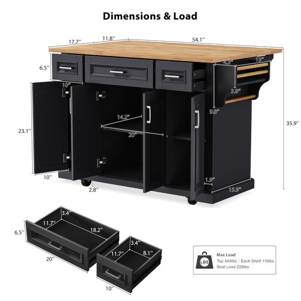 54" Rolling Kitchen Island with Drop Leaf & Storage Drawers