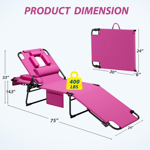 Folding Tanning Lounge Chair with Face Hole & Side Pockets – 400 lbs Capacity