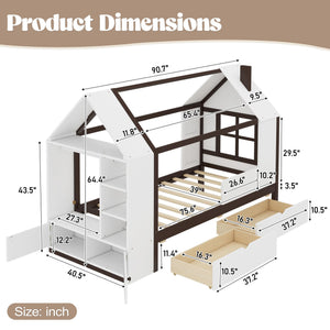 Twin Size House Platform Bed with Storage Drawers, Wardrobe & Shelves