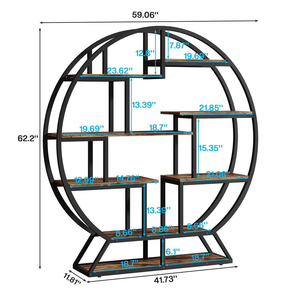 Round Etagere Bookcase with Staggered Shelves, 63" Industrial Bookshelf