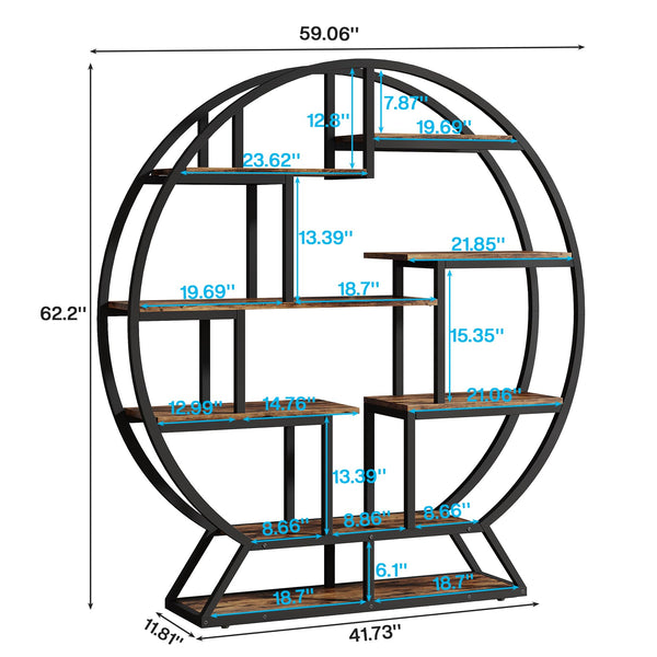 Round Etagere Bookcase with Staggered Shelves, 63" Industrial Bookshelf
