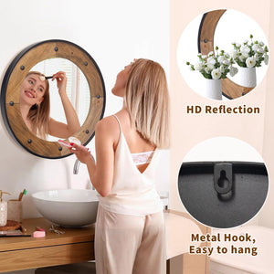 Round Wood Wall Mirror with Black Metal Frame