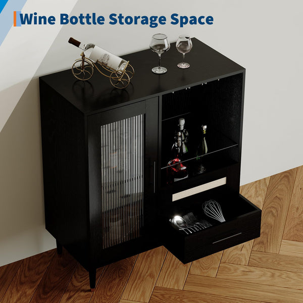 Wine Bar Cabinet with Tempered Glass Doors & Stemware Rack