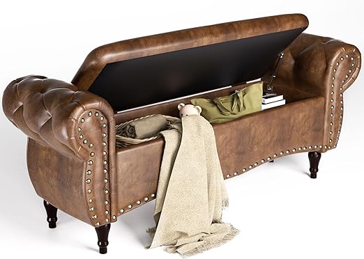 Upholstered Storage Ottoman Bench with Rolled Arms & Nailhead Trim