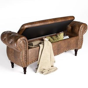 Upholstered Storage Ottoman Bench with Rolled Arms & Nailhead Trim