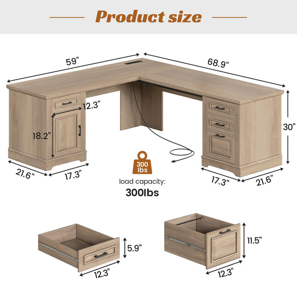 L-Shaped Executive Desk with Drawers & Power Outlet
