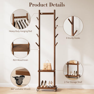 Solid Wood Rolling Coat Rack with Hooks & Shelves
