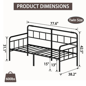 Metal Twin Daybed Frame with Modern Headboard and Steel Slats
