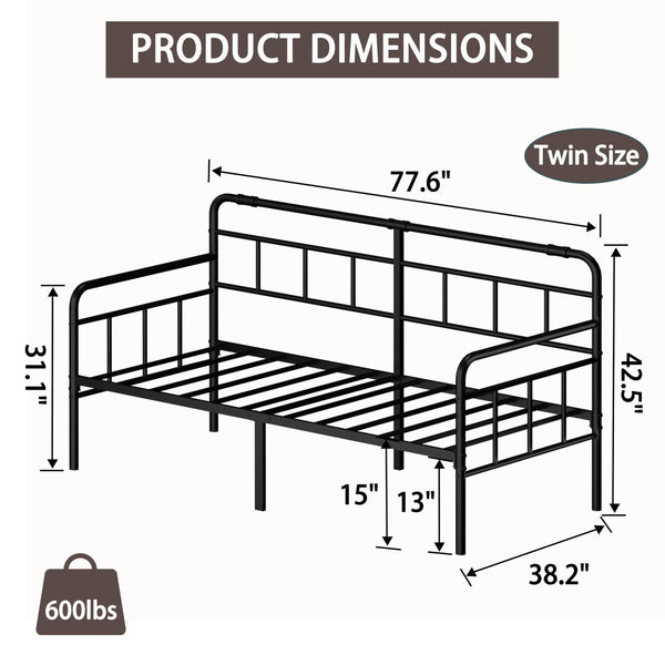 Metal Twin Daybed Frame with Modern Headboard and Steel Slats