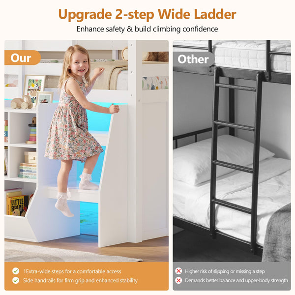 Twin Low Loft Bed with Storage, LED Lights & Reading Nook