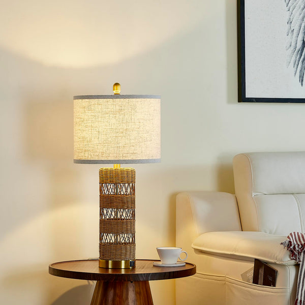 Rattan Table Lamp Set of 2 with USB Charging Ports – 28" Rustic Bedside Lamp
