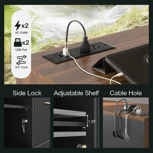 4 Drawer Wood File Cabinet with Lock, Power Strip & Storage Shelves