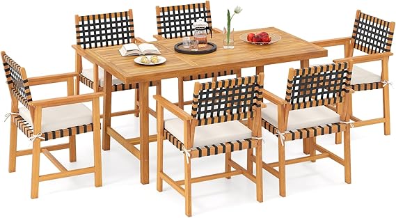 6-Piece Acacia Wood Outdoor Dining Set with Umbrella Hole, Bench & 4 Cushioned Armchairs