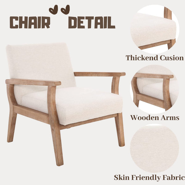 Mid-Century Modern Accent Chair – Beige Linen, Wood Frame