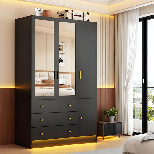 3-Door Wardrobe Closet with Mirror & LED Lights