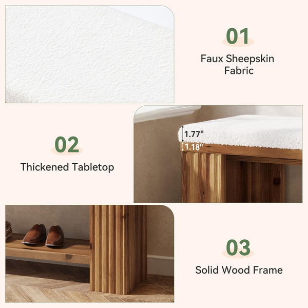 Upholstered Bedroom & Entryway Bench with Faux Sheepskin Cushion