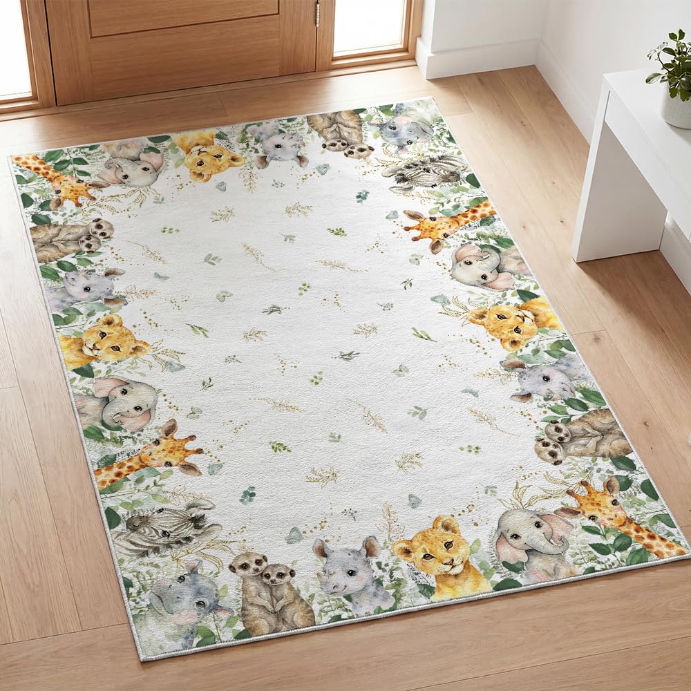 Elephant Giraffe Animal Print Area Rug – Washable Indoor Rug