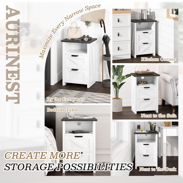 Farmhouse Nightstand Set of 2 with Charging Station & Drawers