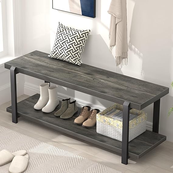 Entryway Bench with Shoe Storage, Industrial Style, 47"