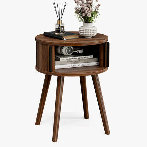 Mid-Century Side Table with Sliding Door & Solid Wood Legs