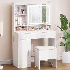 Vanity Desk with LED Mirror, Power Outlets & Storage