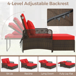 PE Rattan Double Chaise Lounge Set with Adjustable Back & Storage Ottoman