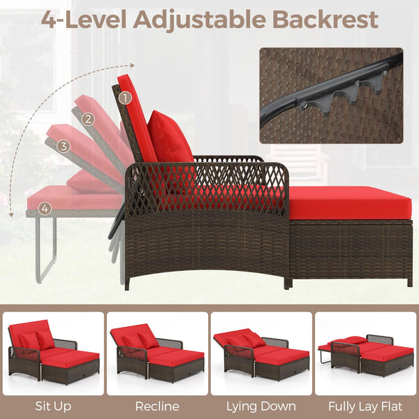PE Rattan Double Chaise Lounge Set with Adjustable Back & Storage Ottoman