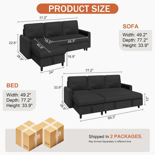 L-Shaped Convertible Sleeper Sofa with Storage Chaise