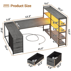 Corner Computer Desk with Power Outlet, LED Lights & Storage Shelves