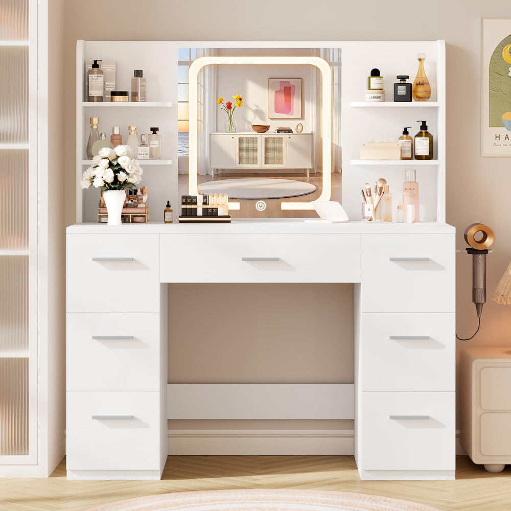 Makeup Vanity Desk with Smart LED Mirror, 7 Drawers & Power Station