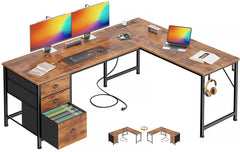 L-Shaped Computer Desk with Power Outlet & USB-C, File Cabinet, Fabric Drawers