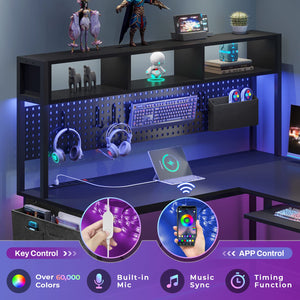 L-Shaped Gaming & Home Office Desk with Power Outlet, LED Lights & Pegboard