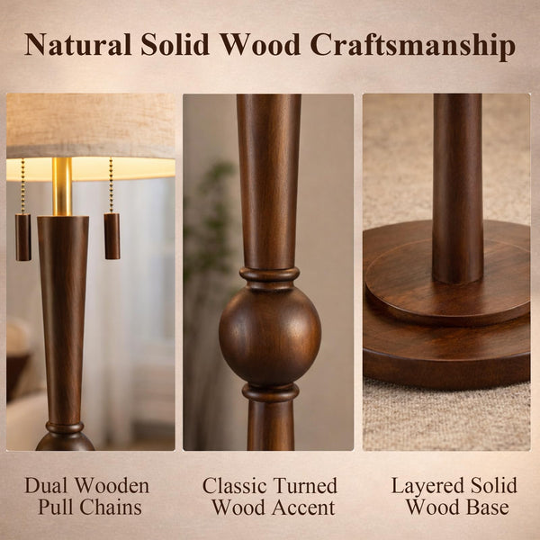 62.8" Solid Wood Floor Lamp with Linen Drum Shade & Pull Chain