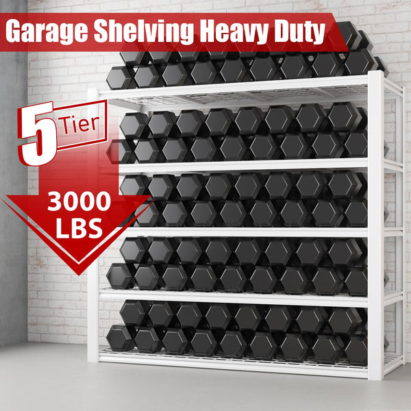 5-Tier Heavy Duty Metal Garage Shelving Unit, 3000 lbs Capacity, White