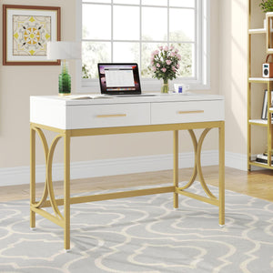 41-Inch Computer Desk with 2 Drawers – White & Gold