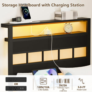 Platform Bed Frame with LED Lights & Charging Station