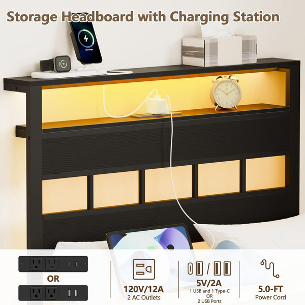 Platform Bed Frame with LED Lights & Charging Station