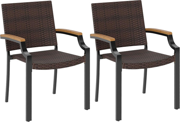 Stackable Patio Wicker Dining Chairs Set of 4 with Acacia Wood Armrests