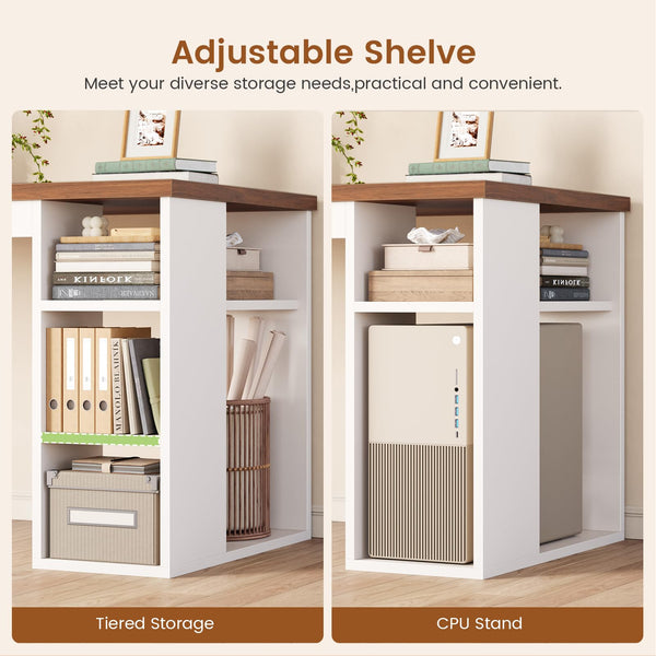 L-Shaped Desk with 3 Drawers, Storage Shelves & Power Outlets