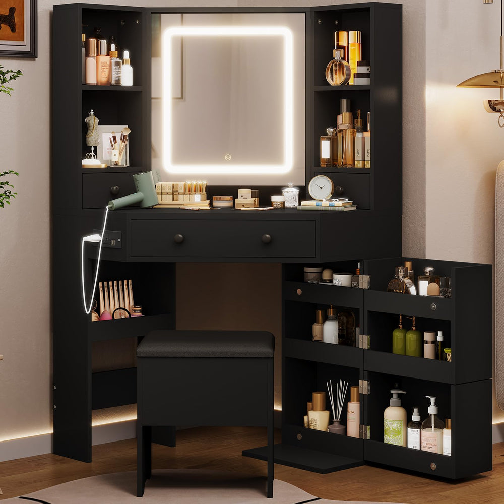 Corner Vanity Desk with LED Mirror, Rotating Cabinet & Power Outlet