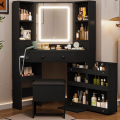 Corner Vanity Desk with LED Mirror, Rotating Cabinet & Power Outlet