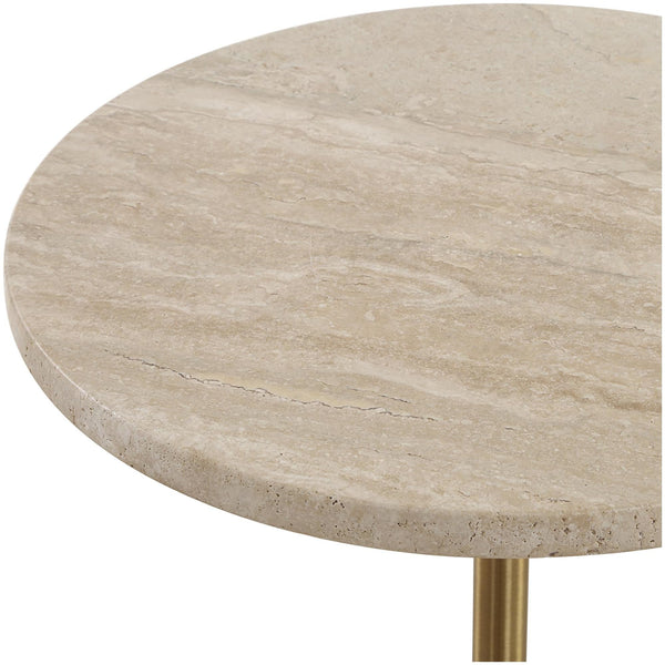 Travertine Top Round Accent End Table – Rich Brass Metal Stem