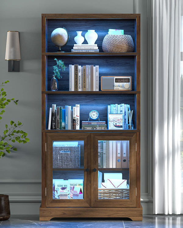 5-Tier Bookshelf with Ambient Lighting and Cabinet Doors